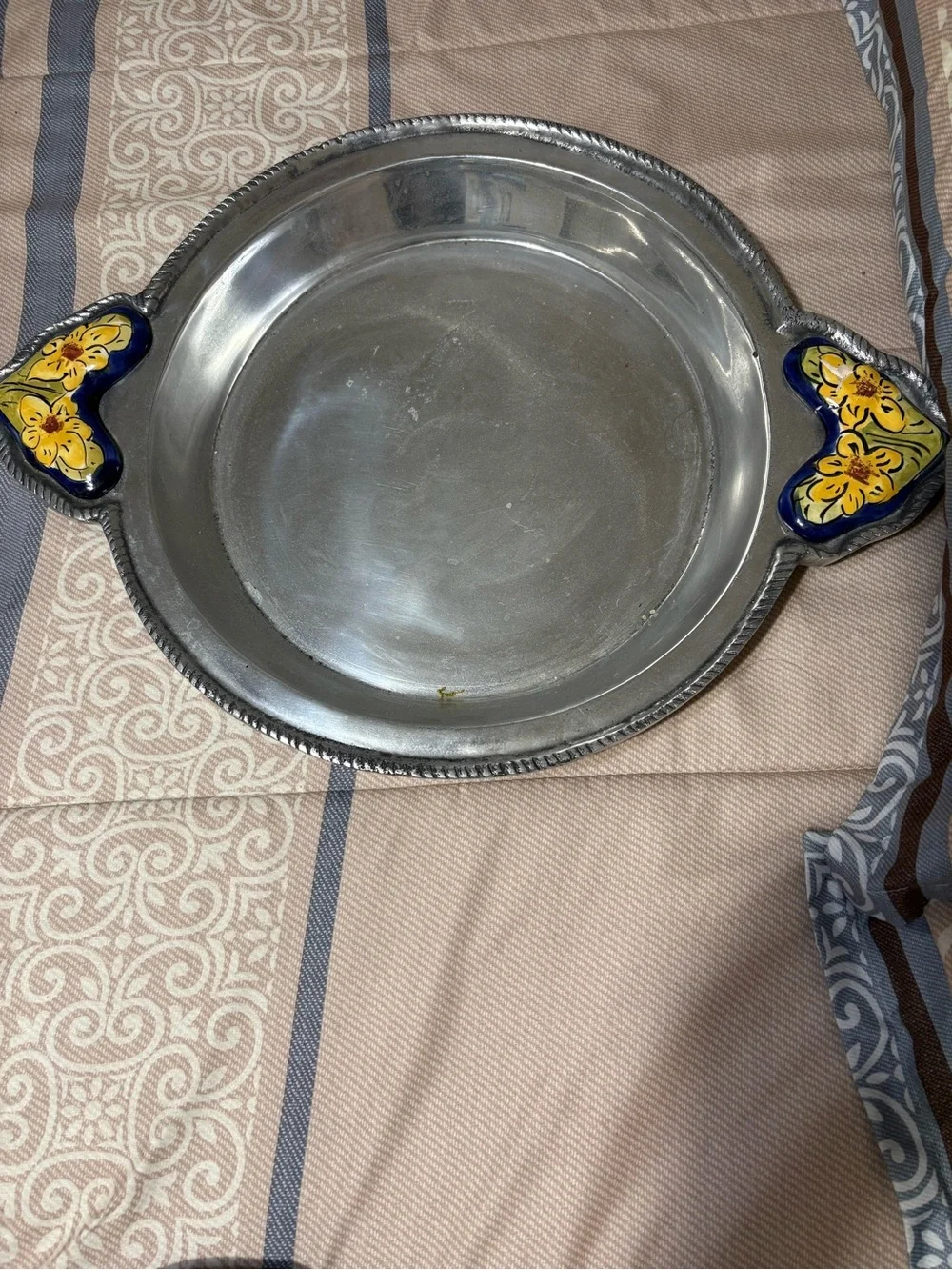 Pewter Serving Trays with Blue and Yellow Enamel Handles